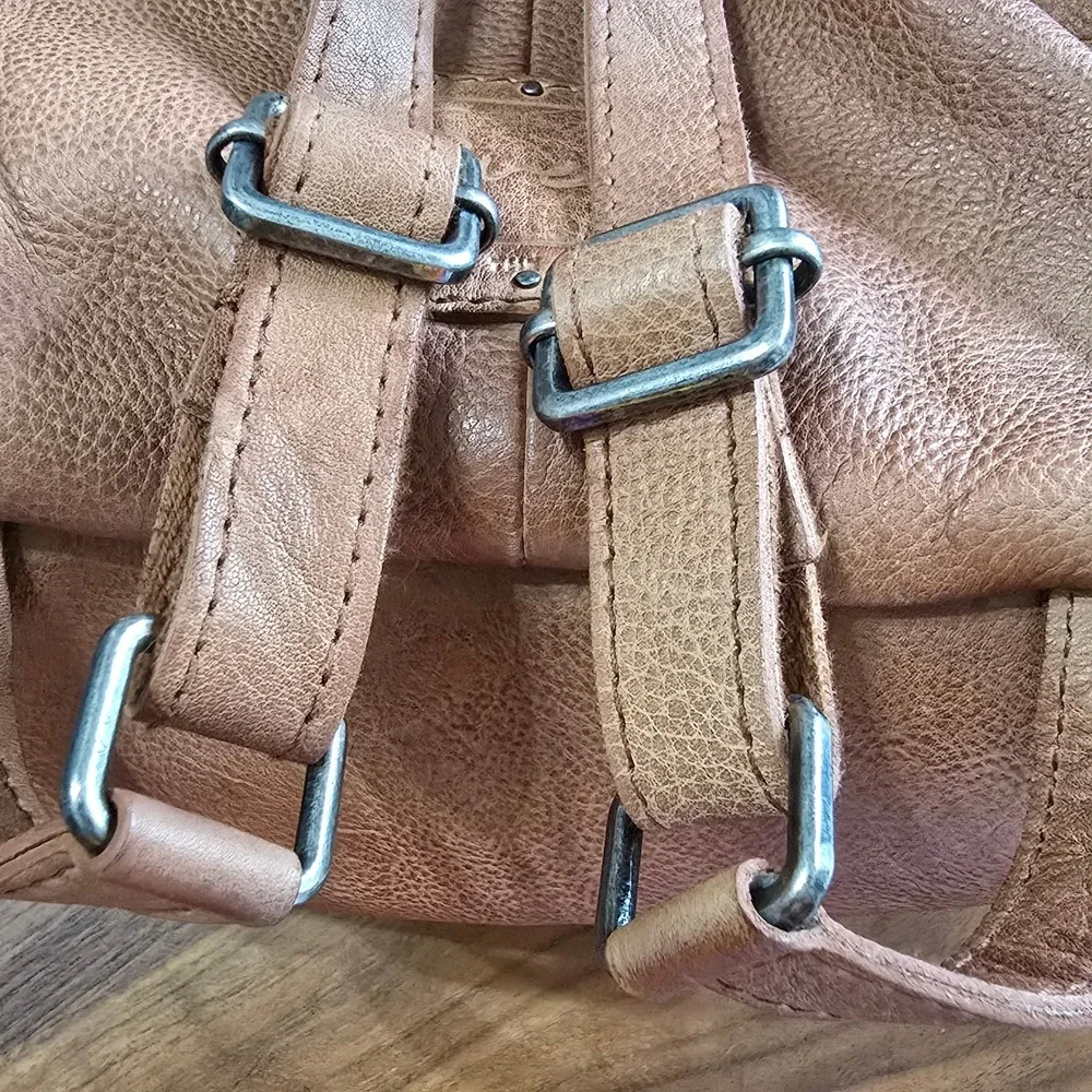 We The Free Free People Leather Sling Backpack Women Tan Brown Boho Triangle Bag